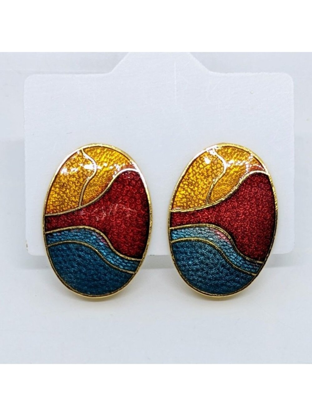 Vtg Cloisonne Clip-on Earrings Oval Red Yellow Blue Abstract Landscape